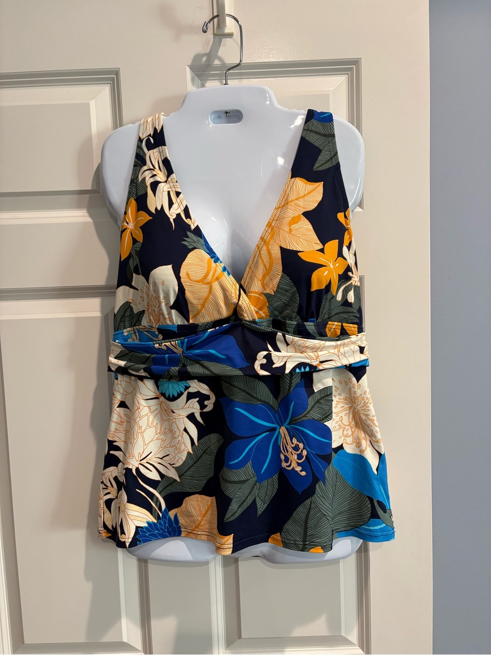 Lands' End Navy Floral V-Neck Tank with Blue & Yellow Accents